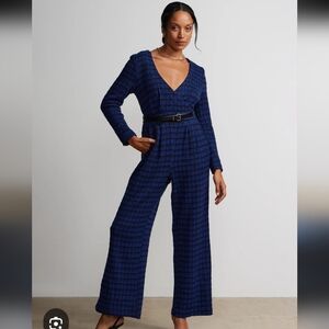 New York & Company Blue Plaid Wide Leg Jumpsuit, Size S